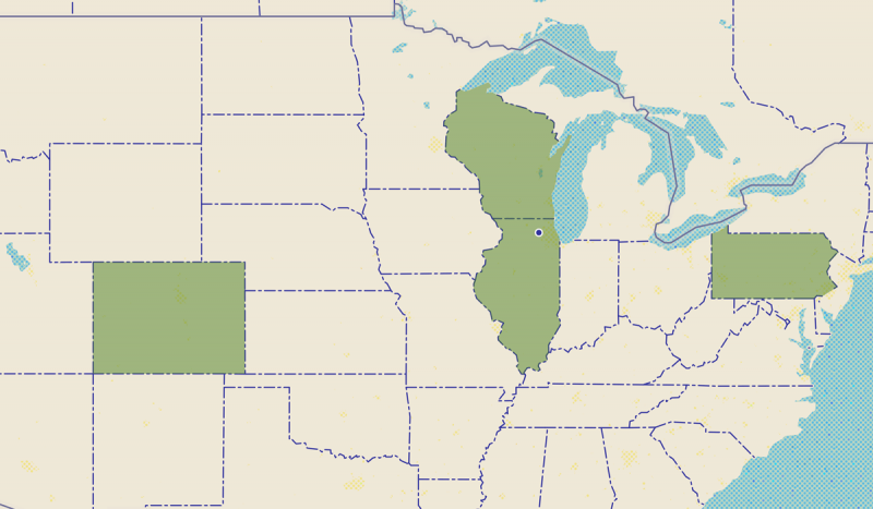 Map with Illinois, Wisconsin, Colorado and Philadelphia states highlighted
